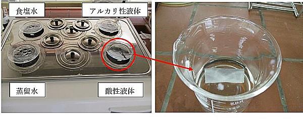耐薬品性試験の様子（ウォーターバスで液体の入った容器を加温中（左）と容器の中の試験片（右））